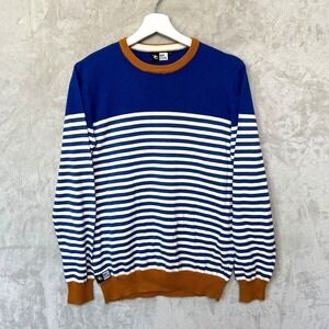 Y2K Rip Curl Mens Striped Sweater Small Blue White Surf Skate Retro Grunge Crew